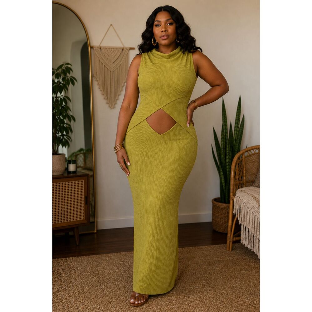 Ribbed Knit Twist Front Maxi Dress Draped Slit Chartreuse Green XL